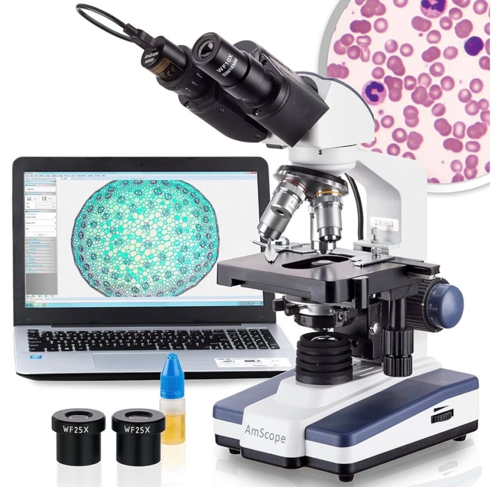 Our Affiliates - AmScope B120 Series Student & Professional LED Binocular Compound Microscope - 40X-2500X Magnification - Includes 5MP USB Camera & Siedentopf Head